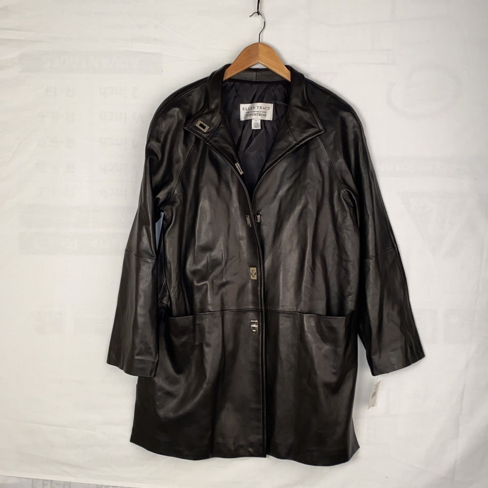 Ellen Tracy Leather Jacket Women's M‎ Black Genuine Leather Button Up Coat